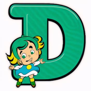 Graphic alphabet letters: Font design for the letter D with a girl in a blue dress