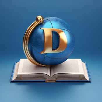 Graphic alphabet letters: Letter D in globe and open book on blue background. 3d illustration