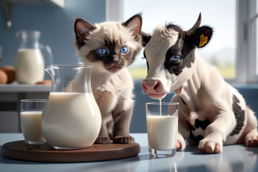 cute kitten and cow looking at fresh milk in a glass isolated on blue background .