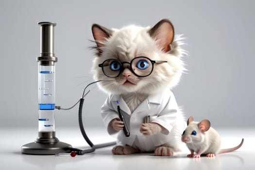 Biochemist cat in uniform with flasks .