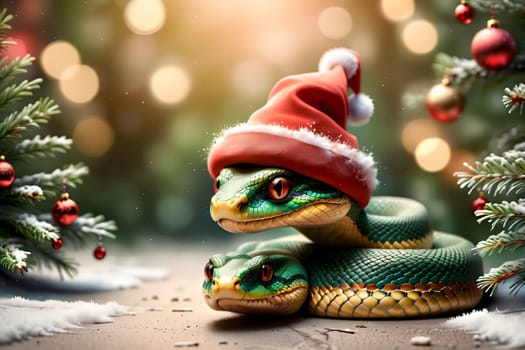 New Year snake with gifts under the Christmas tree, New Year card .