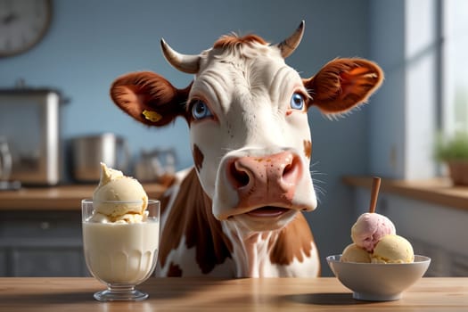 cute cow looking at milk ice cream in a glass .