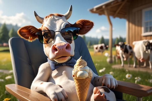 Cute cow in sunglasses eating milk ice cream, farm, countryside .
