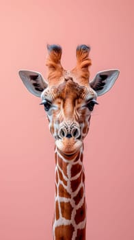 A Giraffa camelopardalis, part of the Giraffidae family, gazes at the camera with its long neck and distinctive pattern, set against a peach background