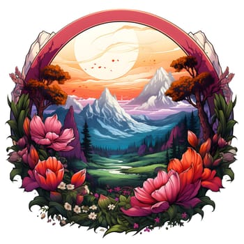 A stunning painting of a landscape with vibrant flowers and majestic mountains displayed beautifully in a picture frame