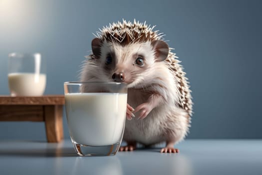 cute beautiful hedgehog and fresh milk in a glass on a blue background .