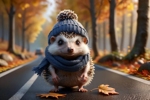 cute hedgehog stands on the road in the forest in autumn .