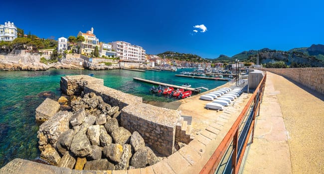 Idyllic coastal town of Cassis on French riviera waterfront panoramic view, southern France