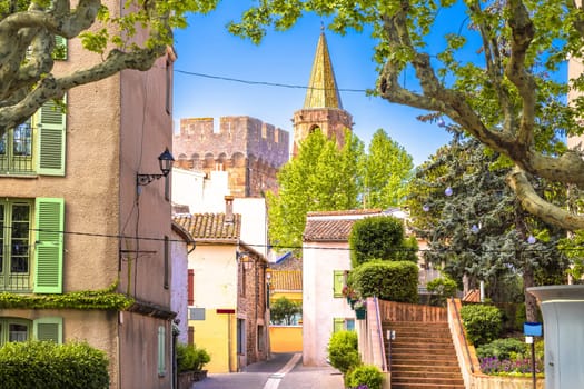 Town of Frejus colorful street anf tower view, south of France