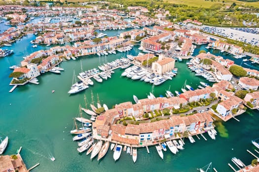 Scenic Port Grimaud yachting village marina aerial view, archipelago of French riviera