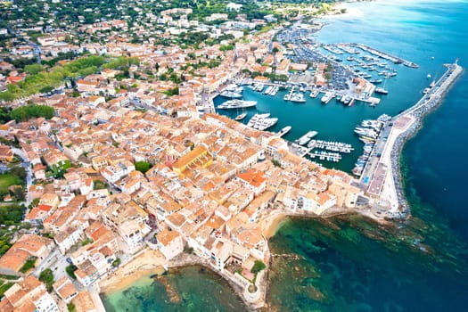 Saint Tropez village fortress and landscape aerial panoramic view, famous tourist destination on Cote d Azur, Alpes-Maritimes department in southern France