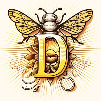 Graphic alphabet letters: Vintage letter D with bee and butterfly wings. Vector illustration.