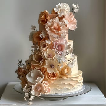 A stunning wedding cake adorned with beautiful flowers sits elegantly on a table, a delightful centerpiece for the special occasion