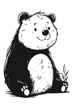 An illustration of a terrestrial animal, a panda bear, sitting down in a monochrome drawing. Its fur is captured in black and white, emphasizing its snout and playful demeanor as a toylike organism