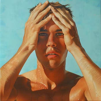 A painting depicting a shirtless man with a hand on his head, showcasing detailed features like his nose, cheek, eyelash, jaw, neck, and chest. The gesture of his thumb adds realism to the art