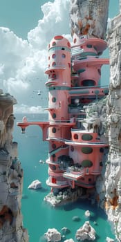 A skyscraper stands tall on a cliff by the ocean, with a view of the water and clouds. It seems like a scene from a fictional characters travel event