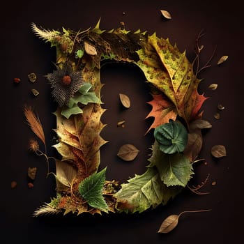 Graphic alphabet letters: Letter D made from autumn leaves. 3D render isolated on dark background