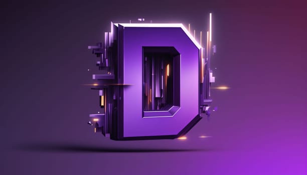 Graphic alphabet letters: 3d illustration of neon glowing letter D. Abstract futuristic font.