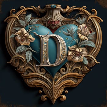 Graphic alphabet letters: Vintage letter D in the shape of a heart with floral ornament.