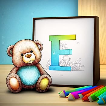 Graphic alphabet letters: Teddy bear with school supplies on wooden background. Vector illustration.