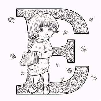 Graphic alphabet letters: Cute little girl with the letter E for coloring book. Vector illustration.