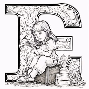 Graphic alphabet letters: English alphabet, letter E with a little girl playing the guitar.