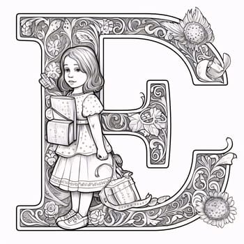 Graphic alphabet letters: English letter E with cute little girl, coloring page for adults.