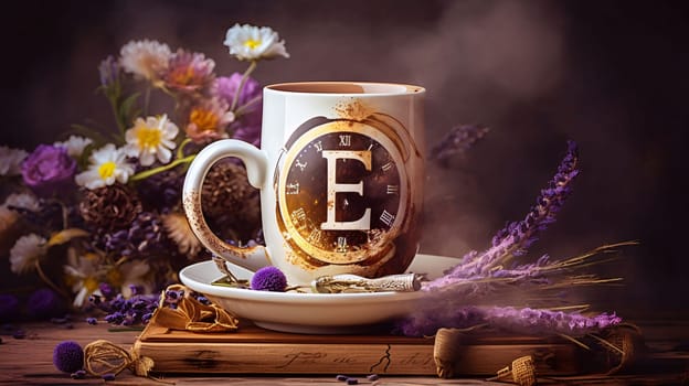 Graphic alphabet letters: Cup of coffee with lettering on the background of flowers.