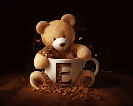 Graphic alphabet letters: Coffee cup with teddy bear and coffee beans on wooden table