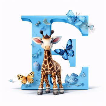 Graphic alphabet letters: Giraffe with butterflies and letter E isolated on white background.
