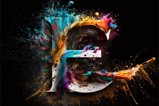 Graphic alphabet letters: Colorful paint splashes with letter E, isolated on black background