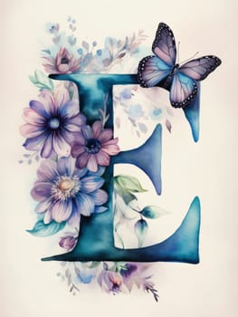 Graphic alphabet letters: Hand drawn letter E with flowers and butterfly. Can be used as a greeting card