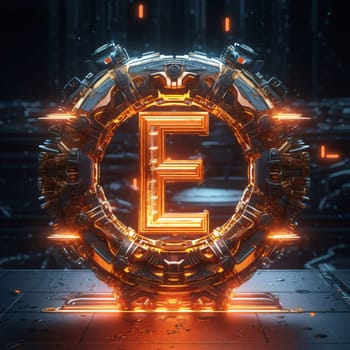 Graphic alphabet letters: Futuristic glowing letter E on futuristic background. 3D rendering