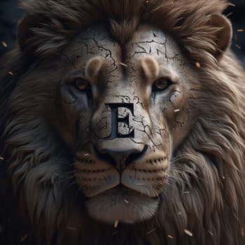 Graphic alphabet letters: Portrait of a lion with the letter E. 3d rendering