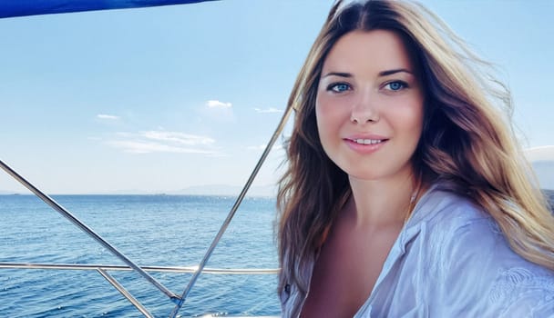 Woman enjoying the sea on a yacht boat, beach lifestyle in summertime, holiday yachting travel and summer leisure concept