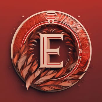 Graphic alphabet letters: Initial letter E with feathers in circle on red background. Vector illustration.