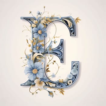 Graphic alphabet letters: Floral capital letter E decorated with flowers and leaves in retro style