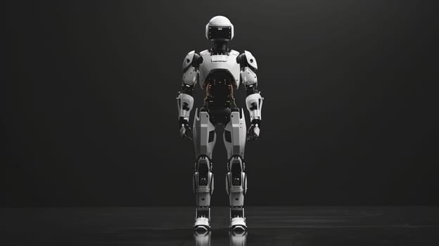 A robot stands in front of a dark background. The robot is wearing a white suit and has a black head