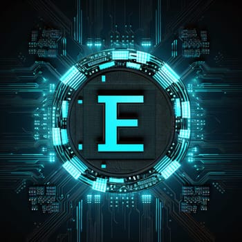 Graphic alphabet letters: Highly rendering of letter e in futuristic concept on circuit board background