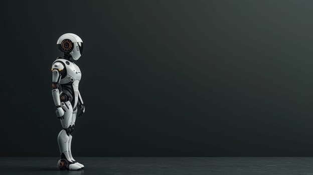 A robot stands in front of a dark background.