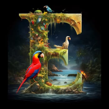 Graphic alphabet letters: Tropical letter E with parrots and birds in the water