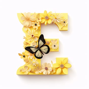 Graphic alphabet letters: Letter E made of yellow paper flowers and butterfly isolated on white background