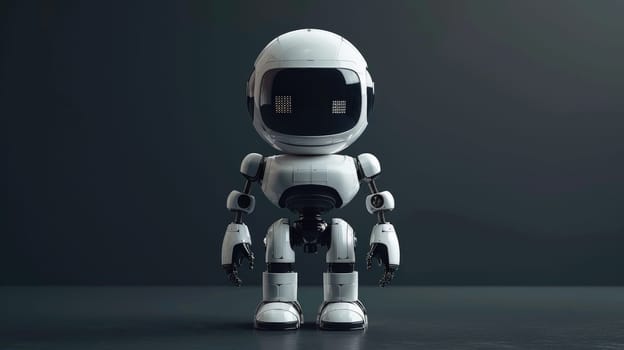 A robot is standing on a black surface. The robot is white and has a metallic appearance. The robot is standing upright and has a serious expression on its face
