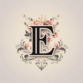 Graphic alphabet letters: Vintage letter E with floral ornament. Elegant floral monogram.