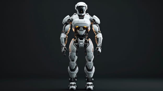 A robot stands in front of a dark background.