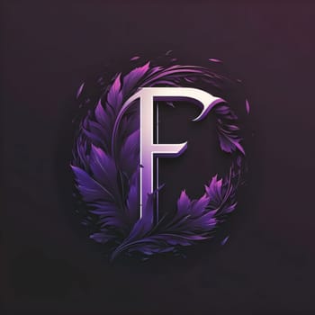 Graphic alphabet letters: Vector illustration of stylized letter F with purple leaves on dark background.