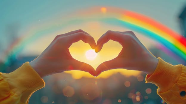 A close-up of two hands forming a heart shape, with a rainbow in the background, highlighting the themes of pride and love.