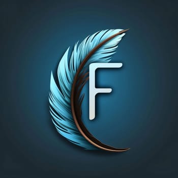 Graphic alphabet letters: feather with letter F on a blue background, vector illustration.