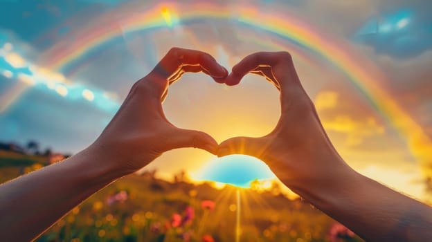 A close-up of two hands forming a heart shape, with a rainbow in the background, highlighting the themes of pride and love.