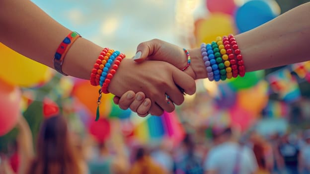 A close-up of intertwined hands wearing rainbow bracelets, set against a backdrop of a vibrant pride festival with flags and balloons..